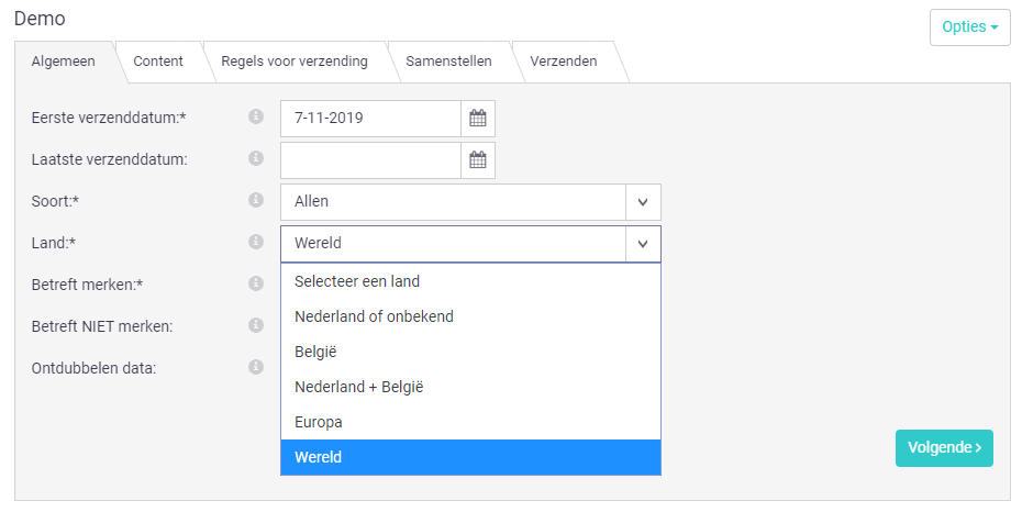 land keuze dropdown