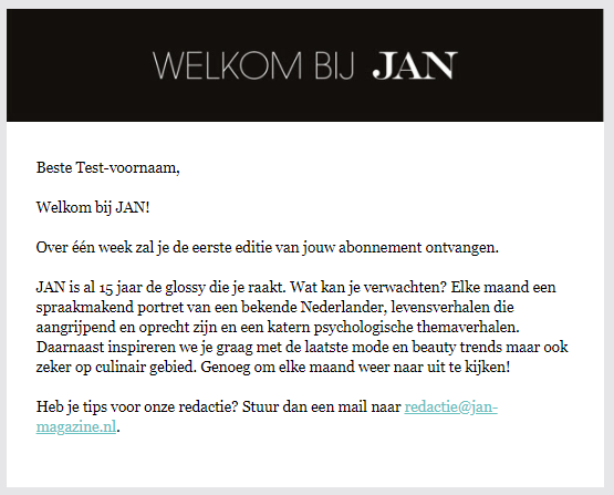 Welkomstmail voorbeeld Jan