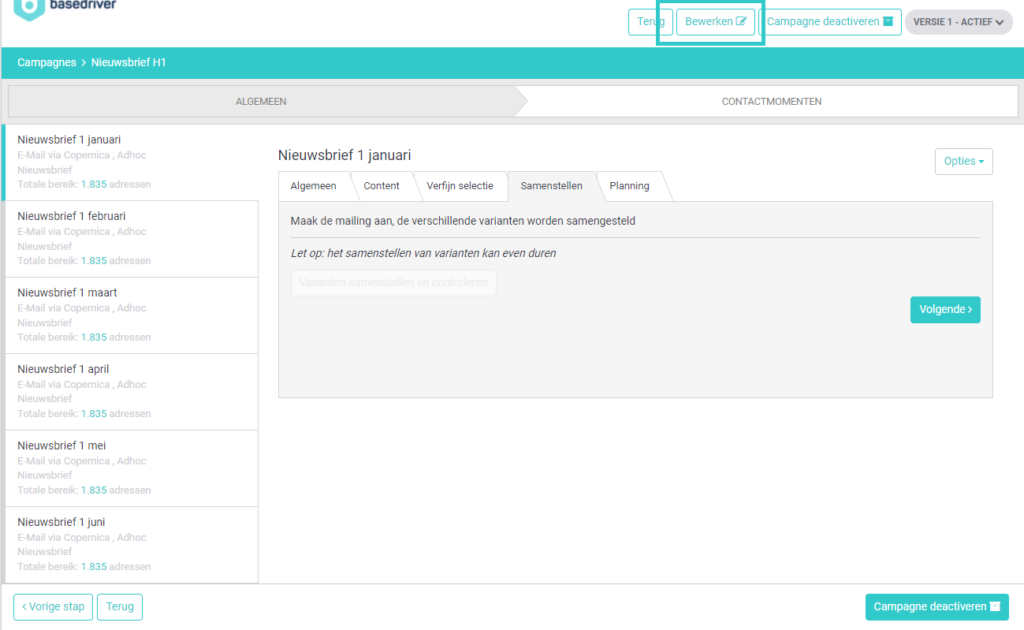 Campagne actief bewerken